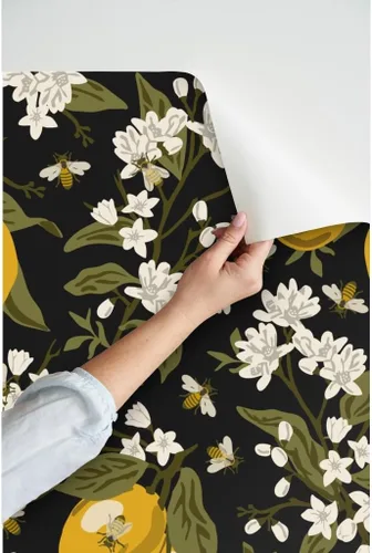 Vista 3 de Papel tapiz para despegar y pegar, abejas, limones, negro, grande, moderno, cítrico, tradicional, extraíble, por Spoonflower