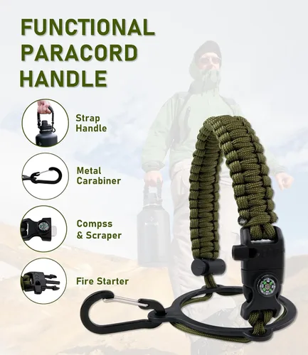 Vista 5 de Botella de agua aislada de 64 onzas con tapa de popote y tapa de boquilla, jarra de agua de medio galón de acero inoxidable con mango de paracord