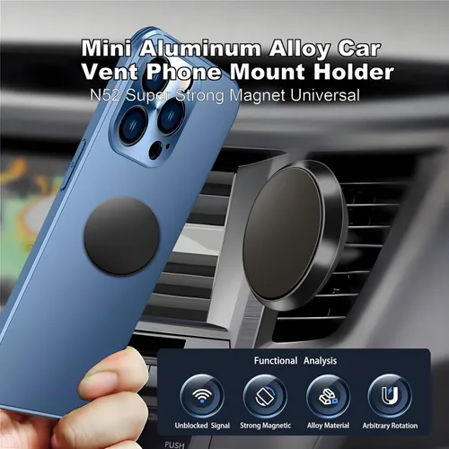 Vista 2 de Mini soporte de teléfono de aleación de aluminio para ventilación de automóvil, imán súper fuerte N52, universal, compatible con iPhone 17 Negro