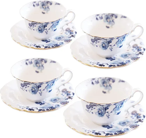 Vista 7 de Juego de 4 tazas de té de cerámica, tazas de café y platillos (azul y rojo)
