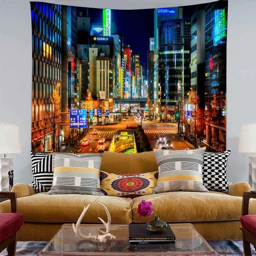 Vista 6 de Aidatain Tapiz de ciudad japonesa, paisaje urbano de Japón, tapiz de pared, tapiz de escena nocturna de Tokio, tamaño 84 x 90 pulgadas, tapices