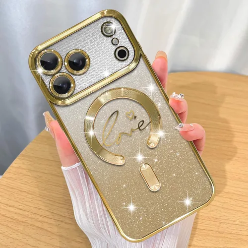Vista 34 de ZIYE Funda Magnética Diseñada para iPhone 14 Funda con Purpurina Plateado de Lujo Corazón de Amor Compatible con MagSafe Funda Transparente con Negro