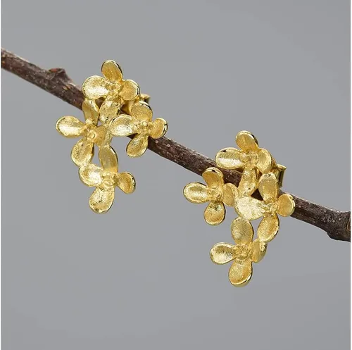 Vista 2 de Pendientes de flores de diseño con estilo en plata esterlina 925 chapada en oro amarillo joyería fina hecha a mano para mujer - PremiumPearl, Metal