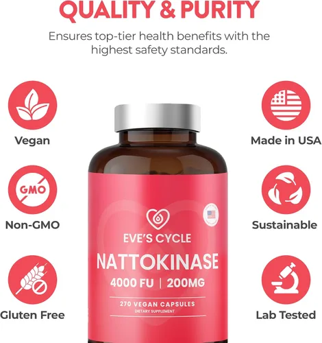 Vista 5 de Eve's Cycle Suplemento Nattokinase 4000 FU - 270 cápsulas veganas de Natto - Enzima japonesa premium, anticoagulante natural, orgánico, sin