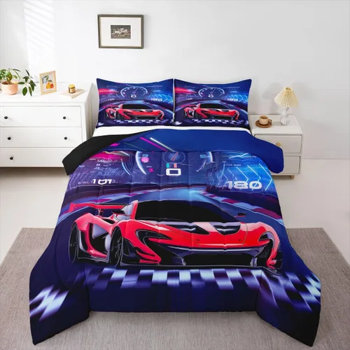 Vista 43 de Feelyou Juego de edredón azul de carreras para niños, juego de ropa de cama de coche deportivo para niños y niños, edredón deportivo geométrico a