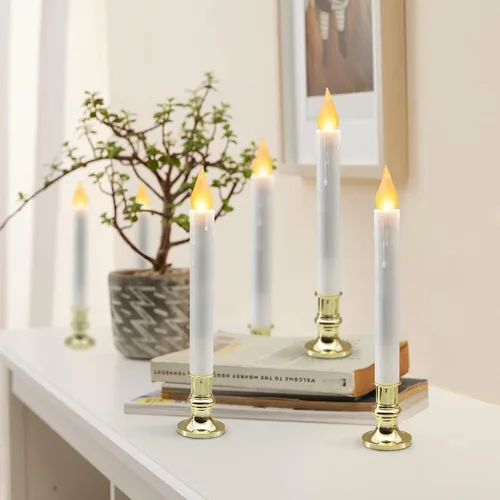 Vista 6 de FURORA LIGHTING Velas LED cónicas blancas con soportes dorados, paquete de 2 con temporizador de 5/19, elegante brillo sin llama para decoración