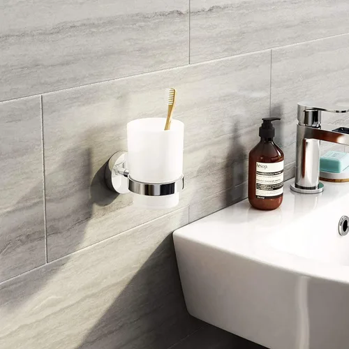 Vista 4 de Vaso de vidrio para cepillo de dientes con soporte de acero inoxidable para montaje en pared cromado