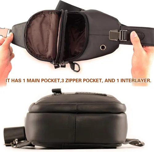 Vista 3 de Bolso bandolera de cuero para hombre bolso de pecho bolso de mensajero bolso de hombro pequeño Negro - Viajar