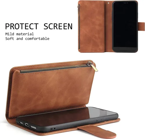 Vista 6 de UEEBAI Funda tipo cartera para iPhone 12 Mini, piel sintética, cierre magnético, correa de mano, múltiples ranuras para tarjetas, soporte de Marrón