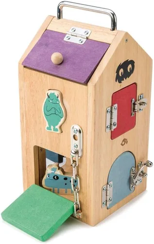 Vista 6 de Tender Leaf Toys Caja de bloqueo de madera Monster - 8 puertas diferentes con varios mecanismos de bloqueo ayuda a desarrollar habilidades