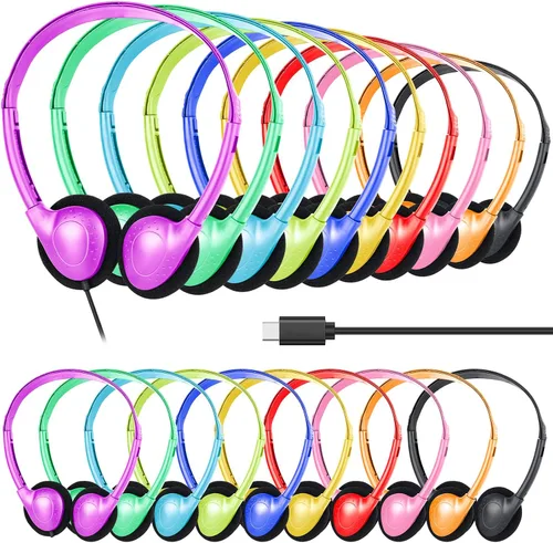 Vista 10 de Paquete de 10 auriculares USB tipo C a granel para el aula, niños y escuelas, con cable
