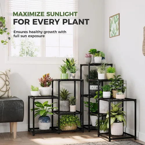 Vista 3 de Bamworld Soporte de esquina para plantas de interior, estante de metal para plantas de 5 niveles, 11 estantes de flores en maceta, estante negro