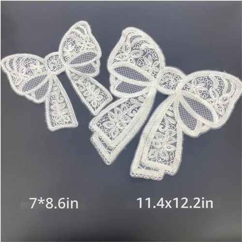 Vista 5 de 2 piezas de parches de encaje con moño, parches de encaje bordados blancos para decoración de vestido de novia y boda