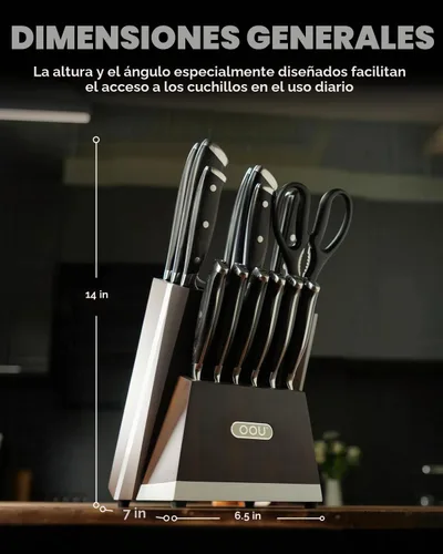 Vista 7 de OOU Juego de cuchillos de cocina 2025 con bloque, juego de cuchillos de acero inoxidable alemán de 15 piezas con varilla de afilar, mango de madera