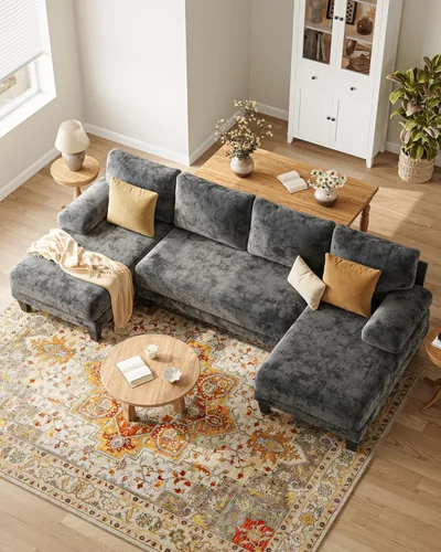 Vista 3 de Sofás seccionales en forma de U para sala de estar, sofá modular moderno de 112 pulgadas, sofá de felpilla gris oscuro con diván doble