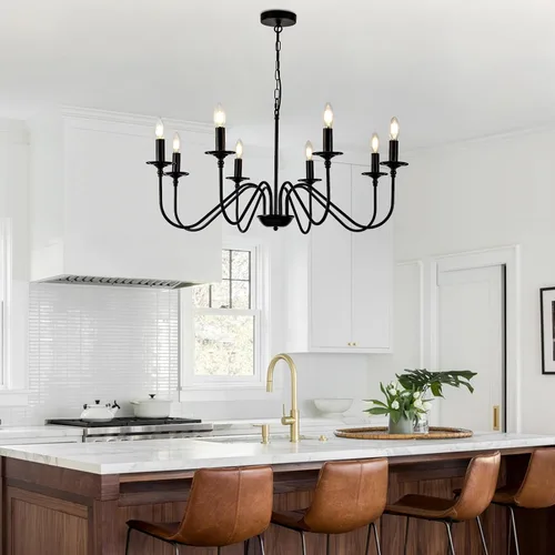 Vista 11 de Lámpara colgante estilo granja, luces colgantes negras para isla de cocina, luz colgante de metal industrial y madera vintage, lámpara de techo