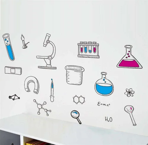 Vista 4 de Calcomanías de pared de laboratorio de ciencias al por mayor, calcomanías de vinilo para herramientas de elementos químicos para aula, dormitorio