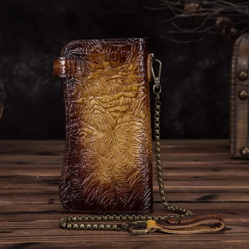Vista 4 de Le'aokuu Organizador de billetera plegable de cuero genuino para hombre con cadena de hierro, 1088 Tigre Oro, M, Cartera plegable