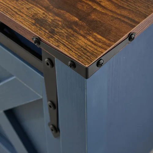 Vista 6 de Mesa de entrada azul de granja, mesa de pasillo rústica con estante de almacenamiento, mesa de sofá con puertas correderas de granero para pasillo