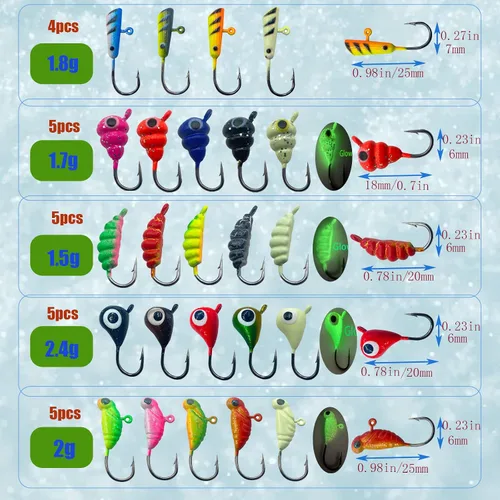 Vista 2 de 24 piezas de plantillas de pesca en hielo para Panfish Crappie Sunfish Walleye Ice Fishing Jig Box Accesorios de pesca en hielo Caja de aparejos