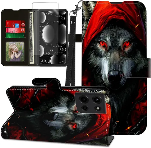 Vista 398 de Funda para Motorola Edge 2022 con protector de pantalla, soporte y tarjetero y correa para la muñeca, funda magnética para Moto Edge 2022 5G UW Lobo