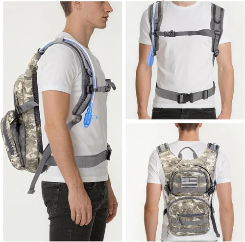 Vista 5 de Mochila táctica de hidratación de 2 litros, bolsa de agua ligera y duradera para senderismo, correr, aventuras al aire libre, correas ajustables