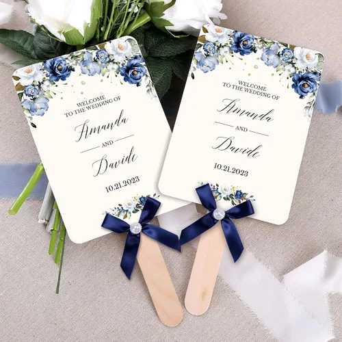 Vista 6 de DORIS HOME Abanico de Programa de Bodas Azules Personalizado, 50 Uds., 5 pulgadas de ancho x 7 pulgadas de alto, lazos de cinta azul con perlas 5