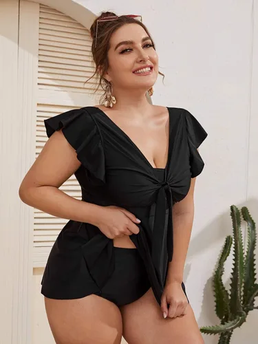Vista 4 de MakeMeChic Traje de baño tankini de dos piezas con mangas con volantes para mujer