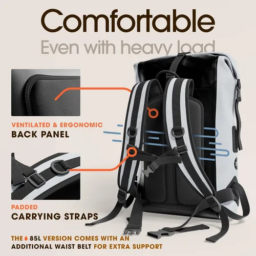 Vista 7 de Earth Pak Mochila impermeable 35L 55L 85L - Cierre enrollable resistente con bolsillo frontal con cremallera de fácil acceso y panel trasero