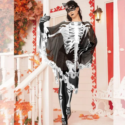 Vista 2 de Eurzom Traje de esqueleto de Halloween de 18 piezas para guantes de hueso, calcetines, orejas de gato, diadema, máscara de ojos, tatuajes faciales