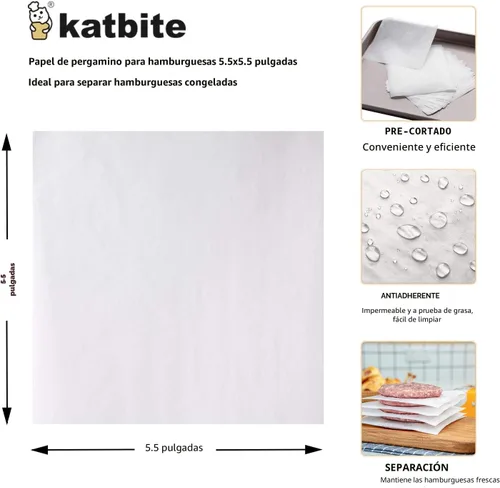 Vista 2 de Katbite Hamburger Patty Paper - 1000 unidades, hojas de papel pergamino antiadherentes de 5.5 x 5.5 pulgadas, para hamburguesas por separado, prensa