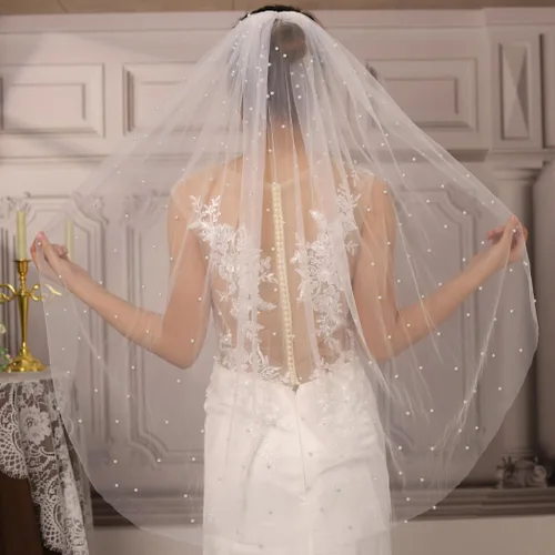 Vista 6 de Velos de novia con perlas y flores, catedral, velo de novia, 118 pulgadas, velos para novias, 1 nivel, longitud de los dedos, peine para el cabello