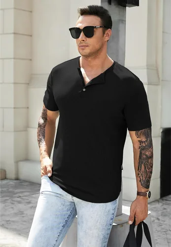 Vista 9 de JMIERR Camisas musculares ajustadas Henley con cuello redondo para hombre, camiseta larga para gimnasio, entrenamiento, atlética, con botón