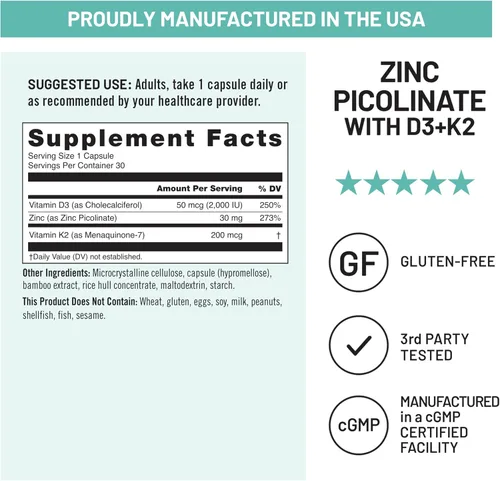 Vista 6 de NatureWise Picolinato de zinc con D3 + K2 - Suplementos de zinc para hombres y mujeres + vitamina D3 K2 - Apoya la salud inmunológica y ósea* - Sin