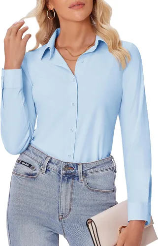 Vista 27 de siliteelon Camisas con botones para mujer, ajustadas, de manga larga, elásticas, de vestir, camisas de trabajo, sin arrugas, blusas de oficina
