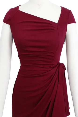 Vista 4 de Liyinxi Vestido cruzado de imitación para mujer, estilo retro de los años 50, manga casquillo hasta la rodilla, para negocios, casual, fiesta