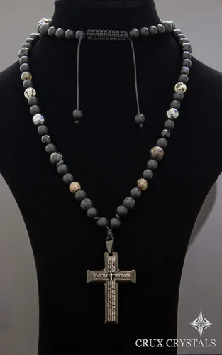 Vista 5 de Mens Cross Pendant Beads Necklace Gemstone Natural Stone Necklace Onyx Beaded Necklace Rosary Prayer Necklace Crux Crystals Mens Religious Jewelry