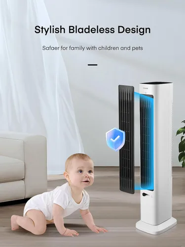 Vista 8 de FOHERE Ventilador de torre oscilante y calentador de espacio en uno para uso en interiores, ventilador de alta velocidad y calentador de seguridad