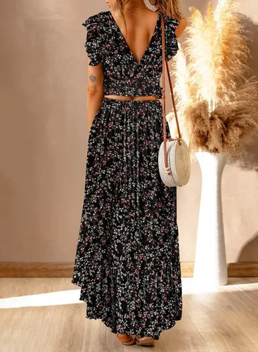 Vista 2 de Dokotoo Vestido bohemio para mujer, cuello en V profundo, conjunto de falda de 2 piezas, mangas casquillo, lazo en la cintura, vestido largo de gasa