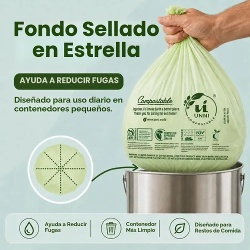 Vista 5 de Bolsas de basura compostables UNNI, 2.6 galones / 9.84 litros, 100 unidades, extra gruesas de 0.71 mil, forros para contenedores pequeños de restos