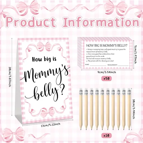 Vista 27 de Sabary 64 Piezas Juegos de Baby Shower Incluyen Letrero How Big is Mommy's Belly Sign Measure Bump Game 50 Tarjetas 10 Lápices 3 Cintas Métricas