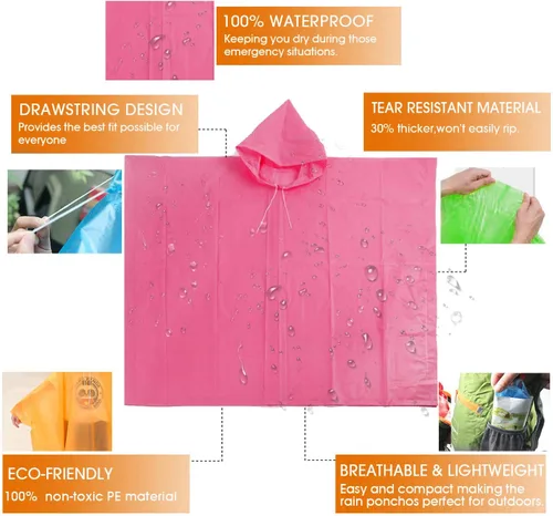 Vista 2 de Ponchos para adultos, ponchos de lluvia desechables multicolor para camping, senderismo, viajes, mochileros, paquete de 4