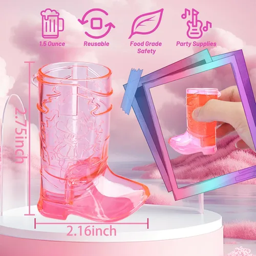 Vista 4 de Esdabem Juego de 16 vasos de tiro para botas vaqueras, mini vasos de chupito de plástico rosa, reutilizables, para vaquera, vaquero, fiesta temática