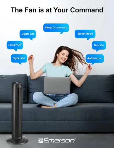 Vista 4 de Emerson SmartVoice - Ventilador de torre de 29 pulgadas, control de voz sin Wi-Fi, ventilador de torre inteligente para dormitorio, oscilación