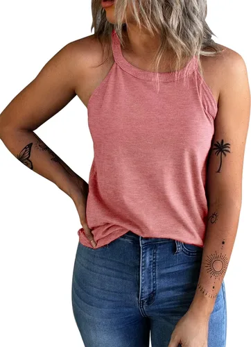 Vista 16 de KINLONSAIR - Camisetas sin mangas de verano para mujer con cuello redondo, estilo halter, para entrenamiento, casual, de tirantes, básicas A16_salmón