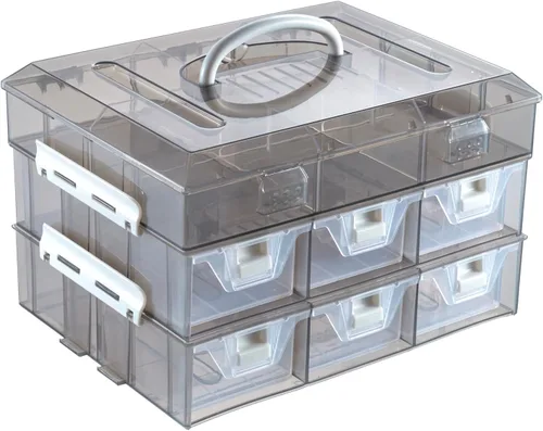 Vista 9 de MyGift Estuche organizador transparente de 11 pulgadas para suministros de costura para manualidades y artes con detalles blancos, 24 compartimentos