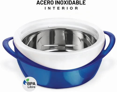 Vista 2 de Pinnacle Cacerola Grande Aislada con Tapa de 2.6 cuartos. Elegante Olla Caliente Calentador/Enfriador de Alimentos – Tazón Térmico para Servir Azul