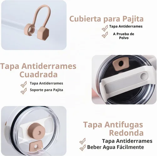 Vista 3 de Juego de tapones antiderrame de silicona compatible con taza Stanley Cup 2.0 de 30oz y 40oz con cubierta para pajita (Juego de 2, Rosa Almendra)
