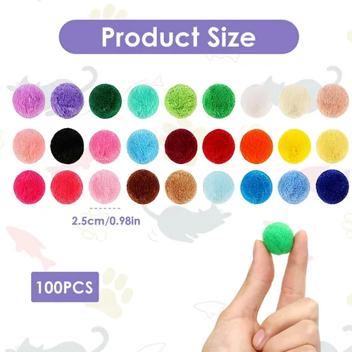 Vista 2 de 100 bolas de juguete para gatos, bolas interactivas de felpa suave de 1 pulgada para gatos peludos gatitos, juguete silencioso para gatos y mascotas