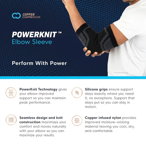 Vista 5 de Copper Compression PowerKnit Manga para Codo - Codera Sin Costuras para Hombres y Mujeres - Alivio del Dolor para Tendinitis, Codo de Tenis